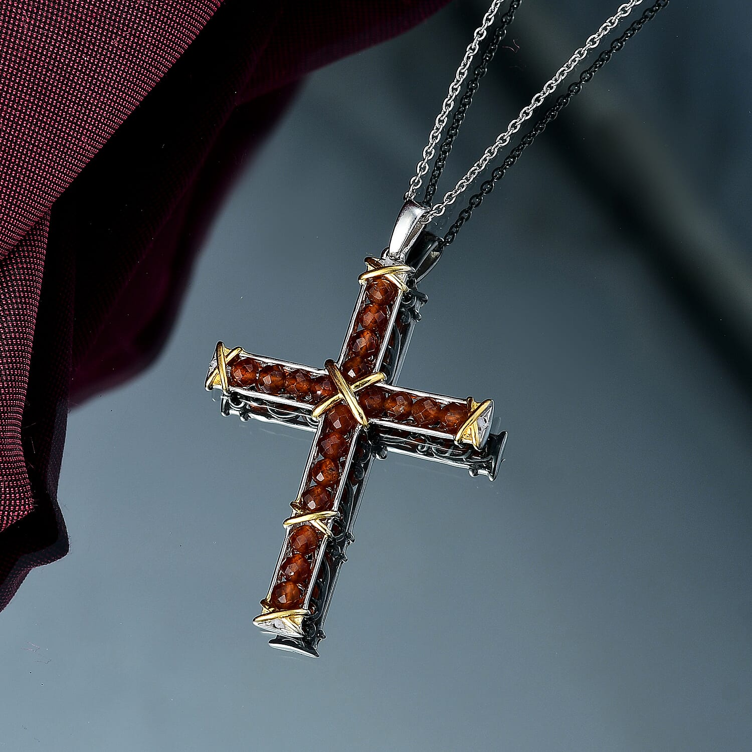 EverTrue Hessonite Garnet 6.00 ctw Cross Pendant in 18K YG Plated and Platinum Bond with Stainless Steel Necklace 20 Inches