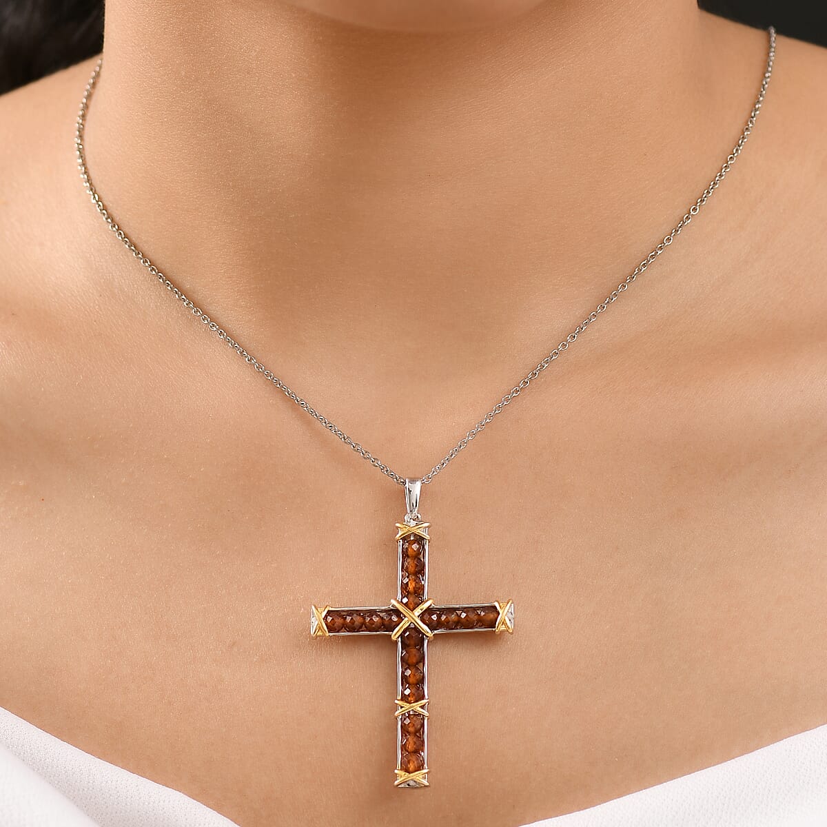EverTrue Hessonite Garnet Pendant 6.00 ctw in 18K YG Plated and Platinum Bond with Stainless Steel Necklace 20 Inches image number 2
