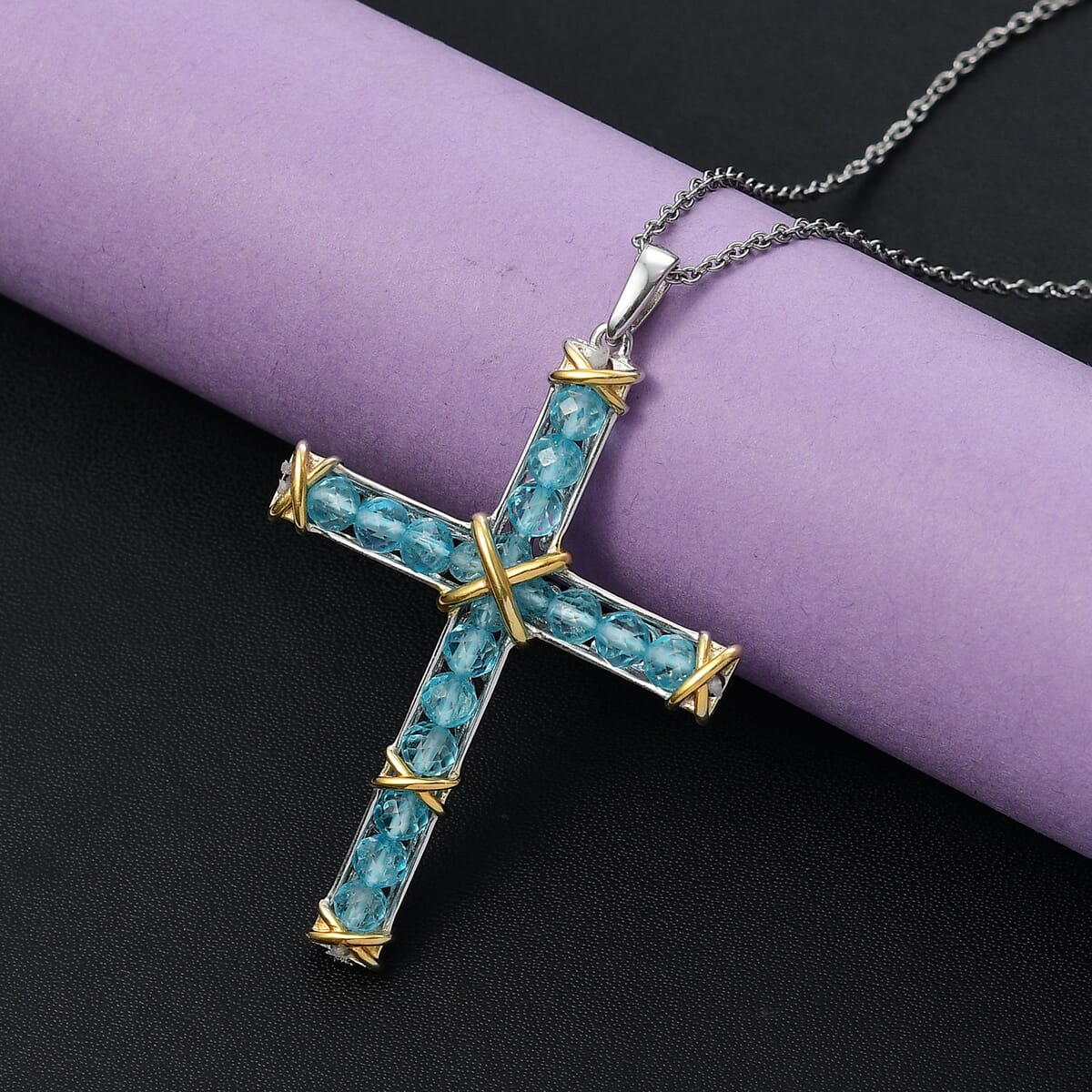D'Joy Betroka Blue Apatite 6.15 ctw Cross Pendant Necklace 20 Inches in Stainless Steel  image number 1