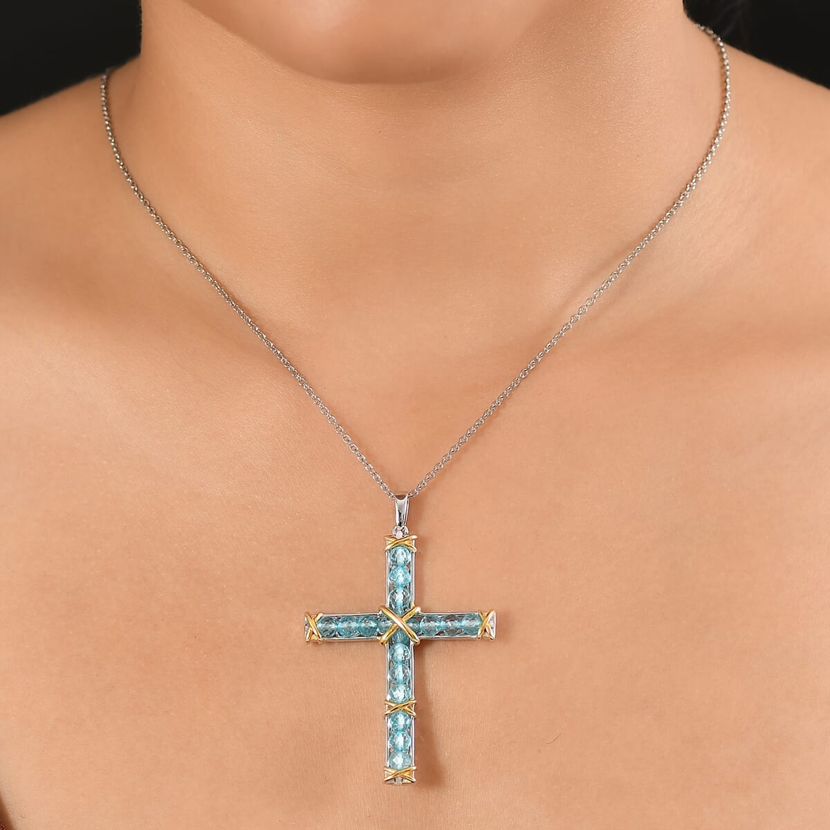 D'Joy Betroka Blue Apatite 6.15 ctw Cross Pendant Necklace 20 Inches in Stainless Steel  image number 2