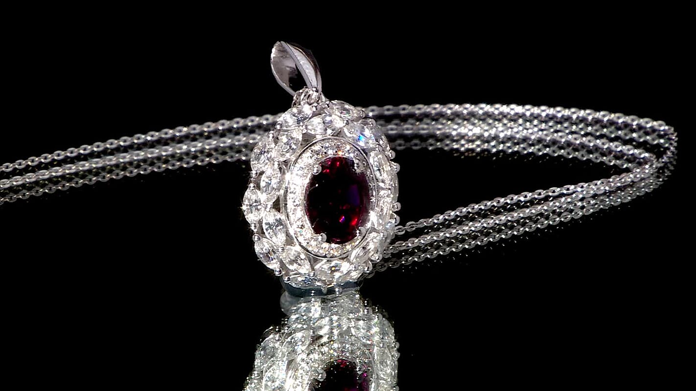 Orissa Rhodolite Garnet and White Zircon 4.90 ctw Floral Pendant Necklace in Rhodium Over Sterling Silver 20 Inches