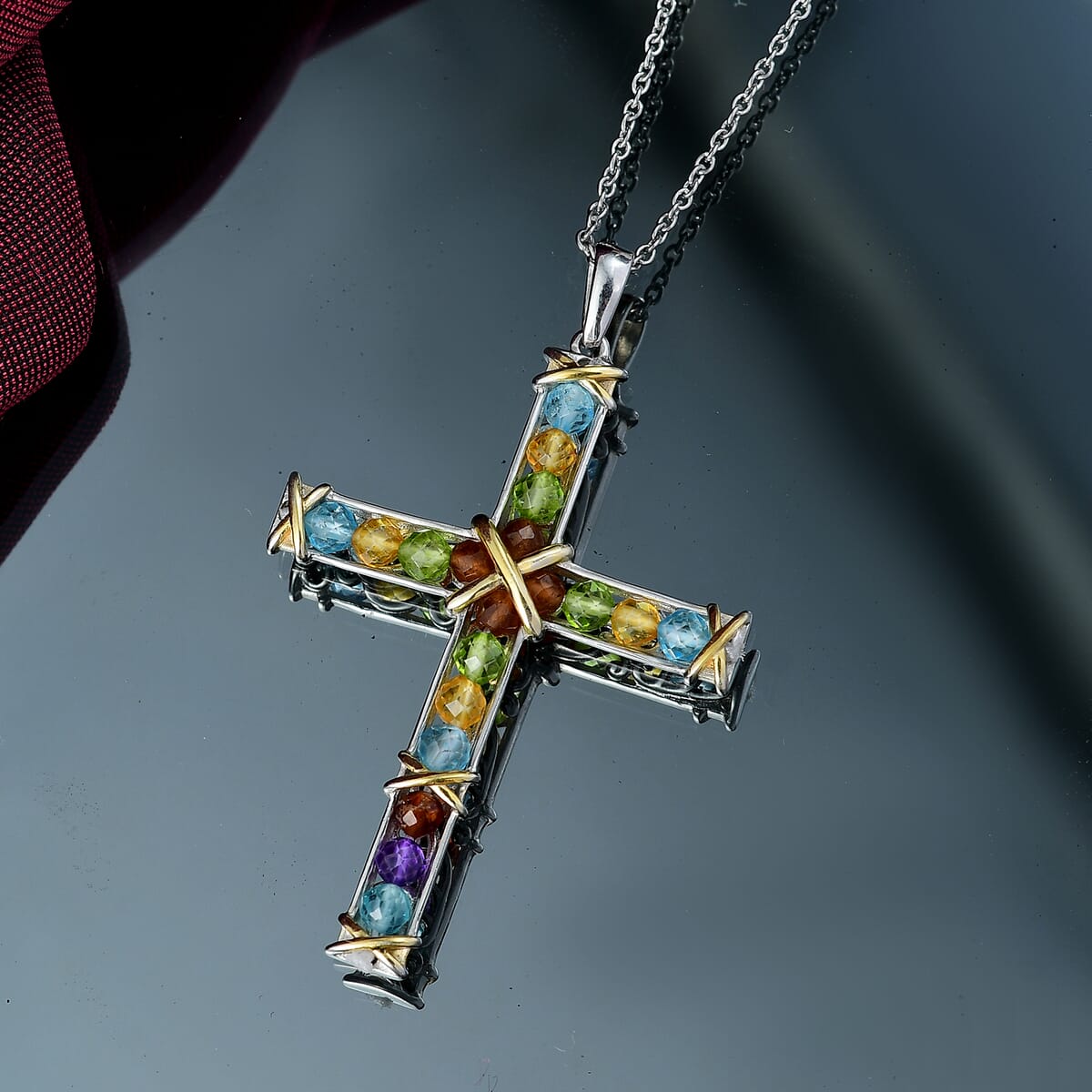Karis Multi Gemstone 9.25 ctw Cross Pendant in 18K YG Plated and Platinum Bond with Stainless Steel Necklace 20 Inches image number 1
