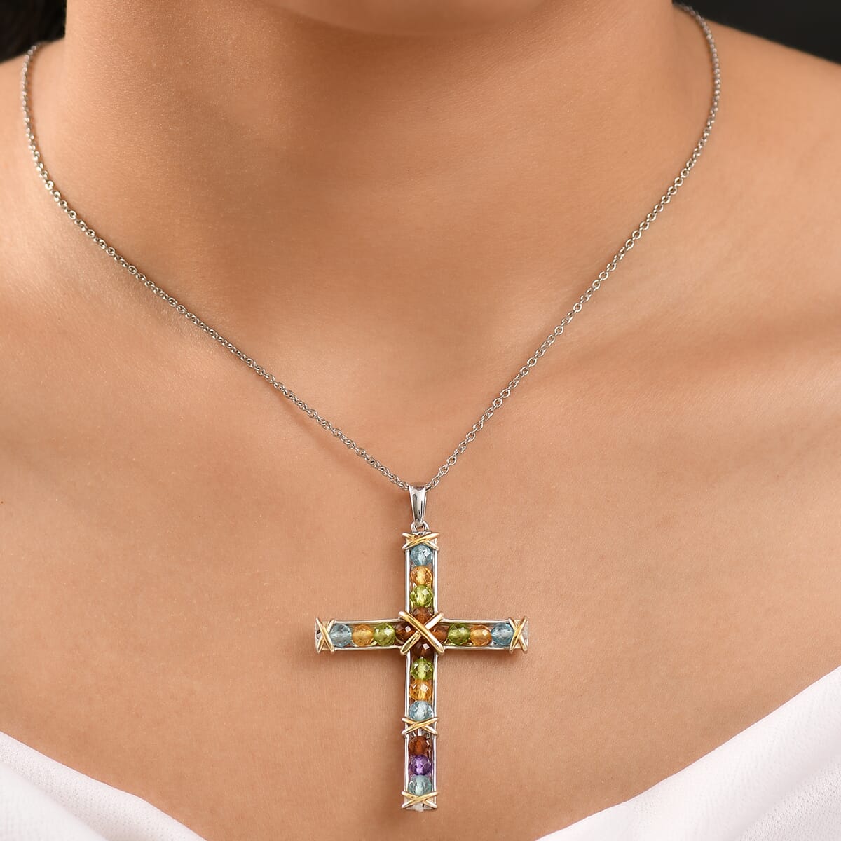 Karis Multi Gemstone 9.25 ctw Cross Pendant in 18K YG Plated and Platinum Bond with Stainless Steel Necklace 20 Inches image number 2