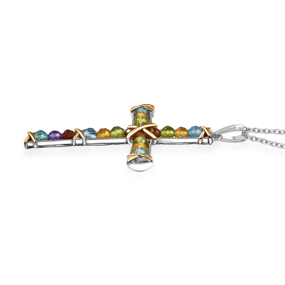 Karis Multi Gemstone 9.25 ctw Cross Pendant in 18K YG Plated and Platinum Bond with Stainless Steel Necklace 20 Inches image number 3