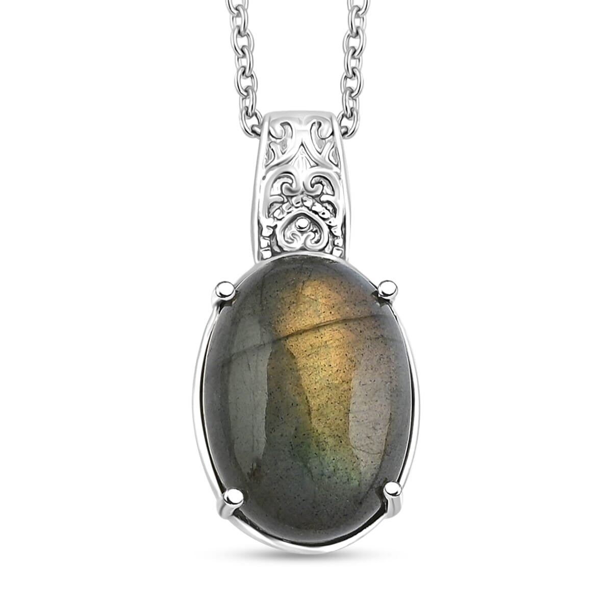 Madagascar Fire Labradorite 12.50 ctw Pendant Necklace in Stainless Steel 20 Inches image number 0