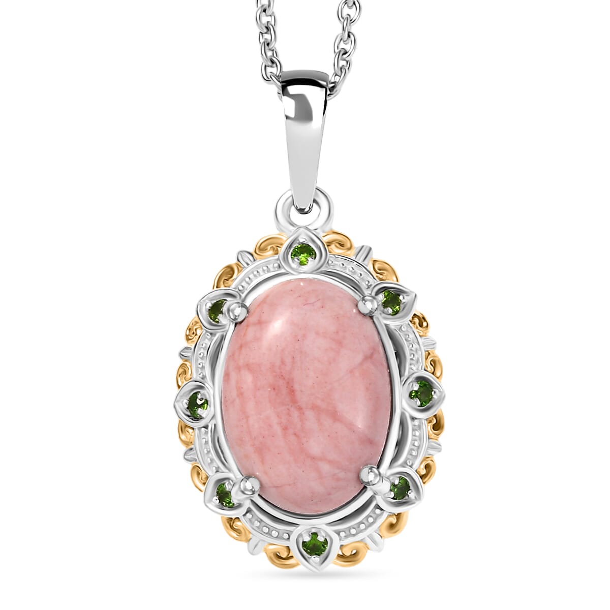 Karis Oregon Peach Opal and Chrome Diopside 4.20 ctw Floral Pendant in 18K YG Plated and Platinum Bond with Stainless Steel Necklace (20 Inches) image number 0