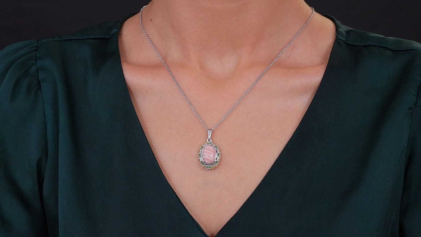 Karis Oregon Peach Opal and Chrome Diopside 4.20 ctw Floral Pendant in 18K YG Plated and Platinum Bond with Stainless Steel Necklace (20 Inches)