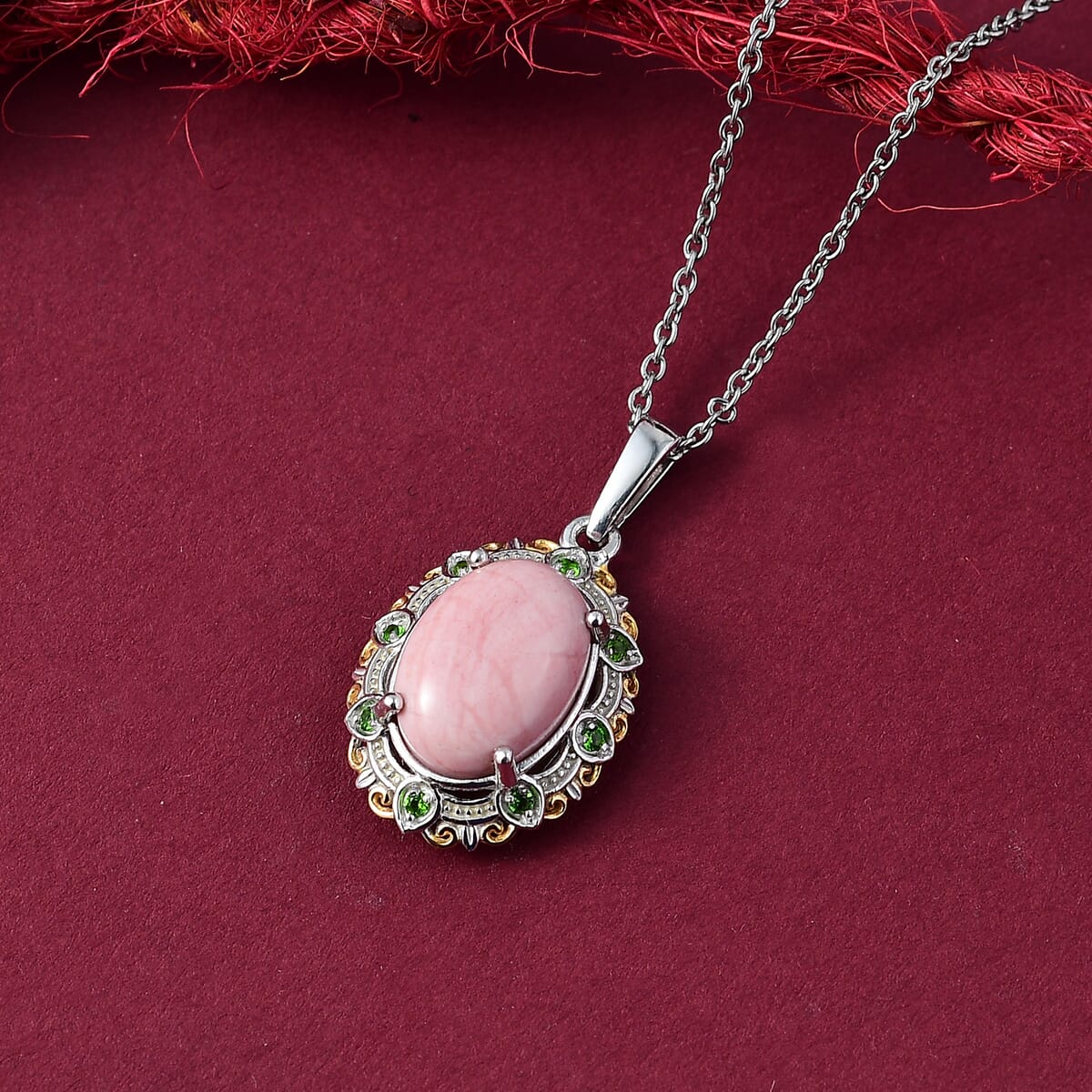 Karis Oregon Peach Opal and Chrome Diopside 4.20 ctw Floral Pendant in 18K YG Plated and Platinum Bond with Stainless Steel Necklace (20 Inches) image number 1