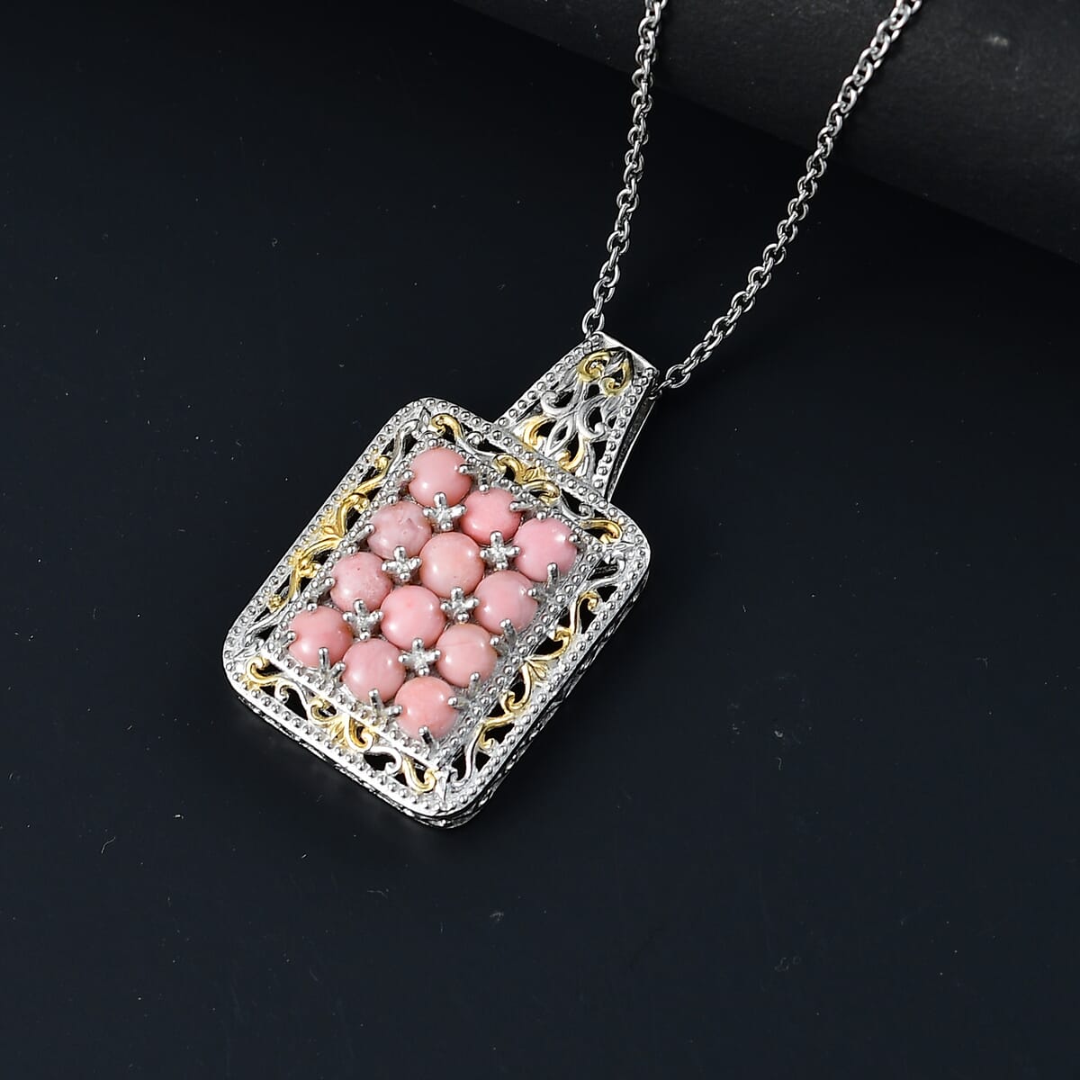 Karis Oregon Peach Opal 2.40 ctw Victorian Floral Pendant in 18K YG Plated and Platinum Bond with Stainless Steel Necklace 20 Inches image number 1