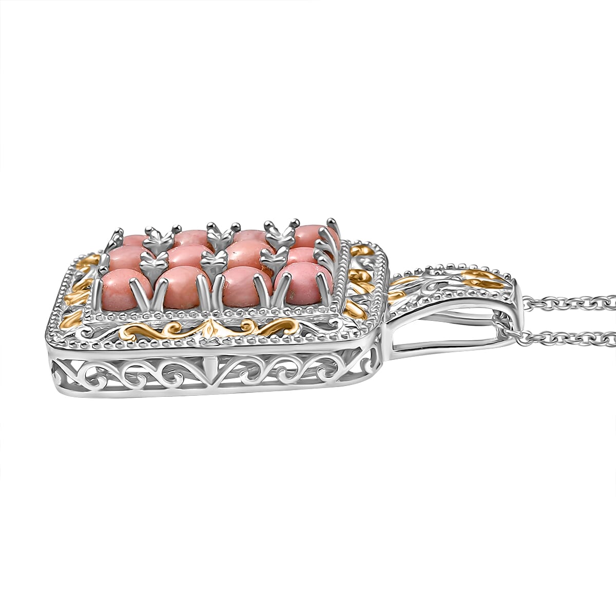 Karis Oregon Peach Opal 2.40 ctw Victorian Floral Pendant in 18K YG Plated and Platinum Bond with Stainless Steel Necklace 20 Inches image number 3