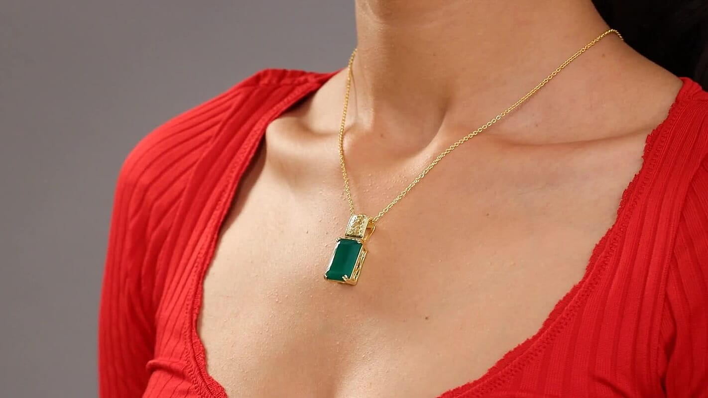 Karis Verde Onyx 13.90 ctw Art Deco Pendant in 18K YG Plated with ION Plated YG Stainless Steel Necklace 20 Inches