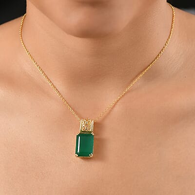 Karis Verde Onyx 13.90 ctw Art Deco Pendant in 18K YG Plated with ION Plated YG Stainless Steel Necklace 20 Inches