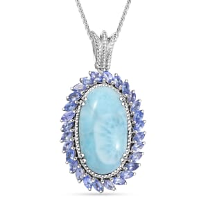 D'Joy Larimar and Tanzanite 17.80 ctw Ocean Waves Pendant Necklace in Rhodium Over Sterling Silver 20 Inches