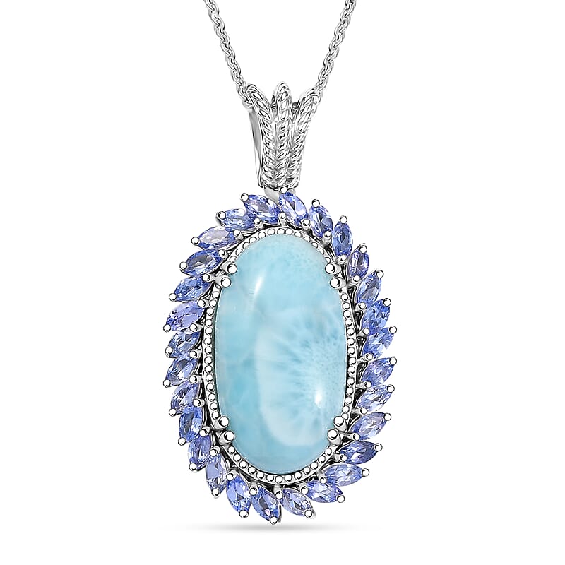 D'Joy Larimar and Tanzanite 17.80 ctw Ocean Waves Pendant Necklace in Rhodium Over Sterling Silver 20 Inches