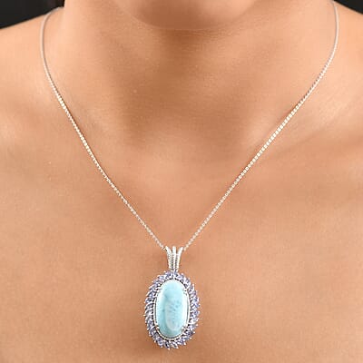 D'Joy Larimar and Tanzanite 17.80 ctw Ocean Waves Pendant Necklace in Rhodium Over Sterling Silver 20 Inches