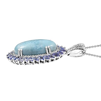 D'Joy Larimar and Tanzanite 17.80 ctw Ocean Waves Pendant Necklace in Rhodium Over Sterling Silver 20 Inches