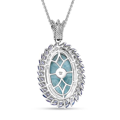 D'Joy Larimar and Tanzanite 17.80 ctw Ocean Waves Pendant Necklace in Rhodium Over Sterling Silver 20 Inches