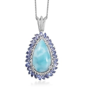 D'Joy Larimar and Tanzanite 16.90 ctw Ocean Waves Pendant Necklace in Rhodium Over Sterling Silver 20 Inches
