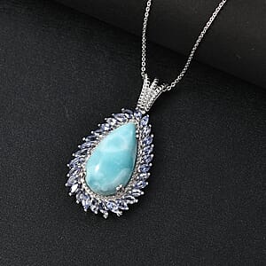 D'Joy Larimar and Tanzanite 16.90 ctw Ocean Waves Pendant Necklace in Rhodium Over Sterling Silver 20 Inches