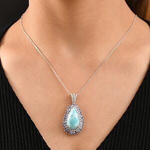 D'Joy Larimar and Tanzanite 16.90 ctw Ocean Waves Pendant Necklace in Rhodium Over Sterling Silver 20 Inches