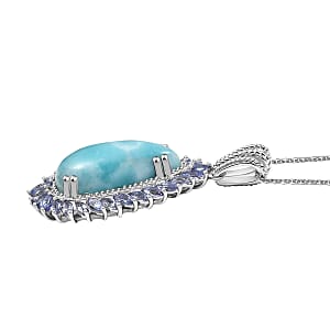 D'Joy Larimar and Tanzanite 16.90 ctw Ocean Waves Pendant Necklace in Rhodium Over Sterling Silver 20 Inches