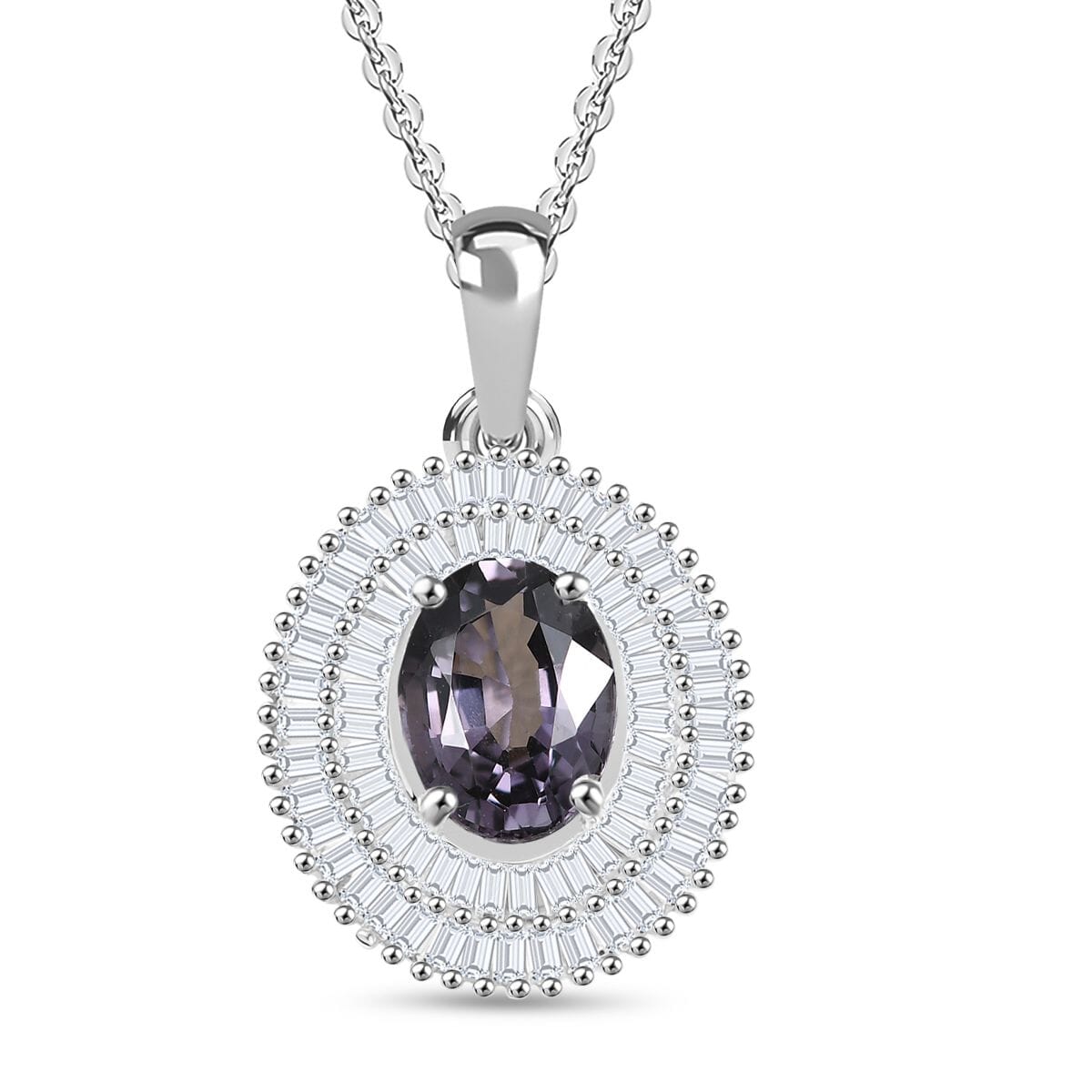 Luxoro Royal Lavender Spinel, I2 Diamond 2.25 ctw Classic Double Halo Pendant Necklace 20 Inches in 10K White Gold  image number 0