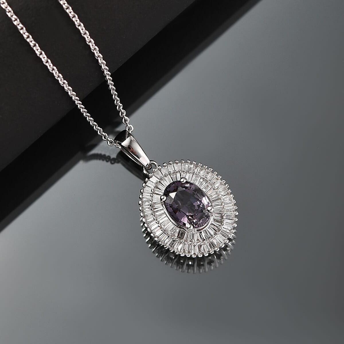 Luxoro Royal Lavender Spinel, I2 Diamond 2.25 ctw Classic Double Halo Pendant Necklace 20 Inches in 10K White Gold  image number 1