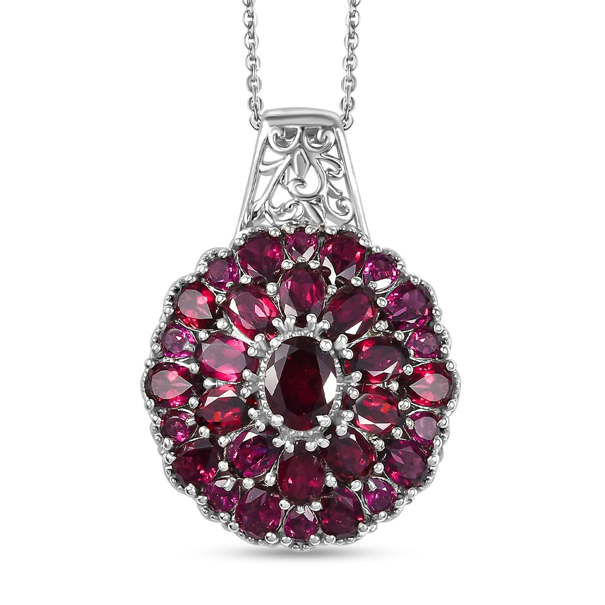 Orissa Rhodolite Garnet 17.10 ctw Dahlia Flower Pendant Necklace in Rhodium Over Sterling Silver 20 Inches image number 0