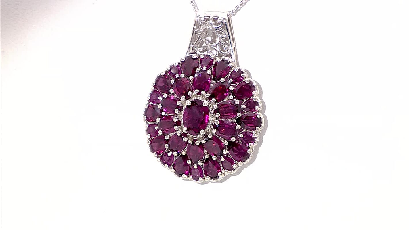 Orissa Rhodolite Garnet 17.10 ctw Dahlia Flower Pendant Necklace in Rhodium Over Sterling Silver 20 Inches