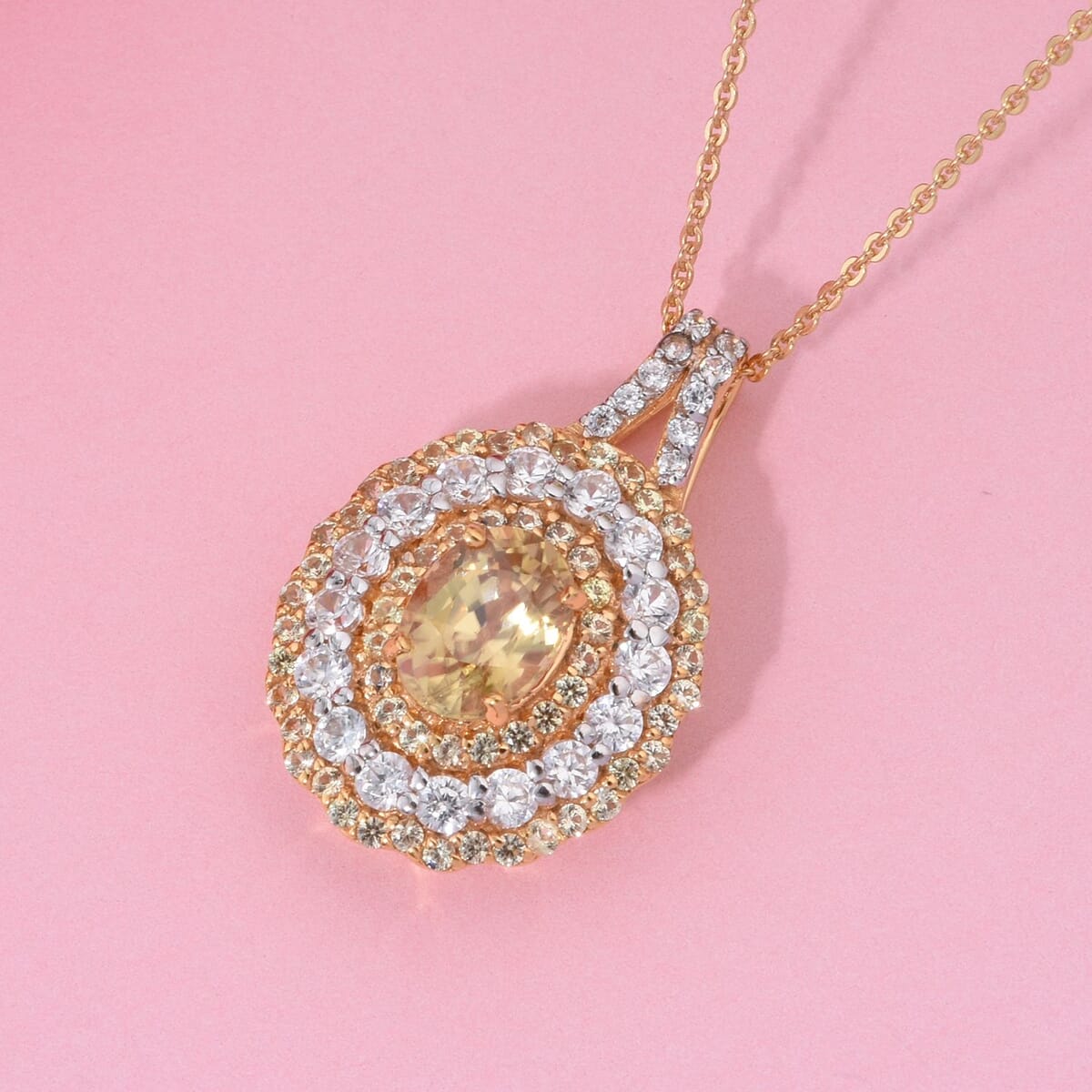 Premium Tanzania Yellow Zircon and Multi Gemstone 4.30 ctw Golden Aura Halo Pendant Necklace 20 Inches in 18K Vermeil Yellow Gold Over Sterling Silver image number 1