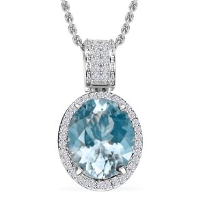 Luxoro Premium Mangoro Aquamarine and Diamond I2 3.20 ctw Lotus Flower Pendant Necklace in 10K White Gold 20 Inches