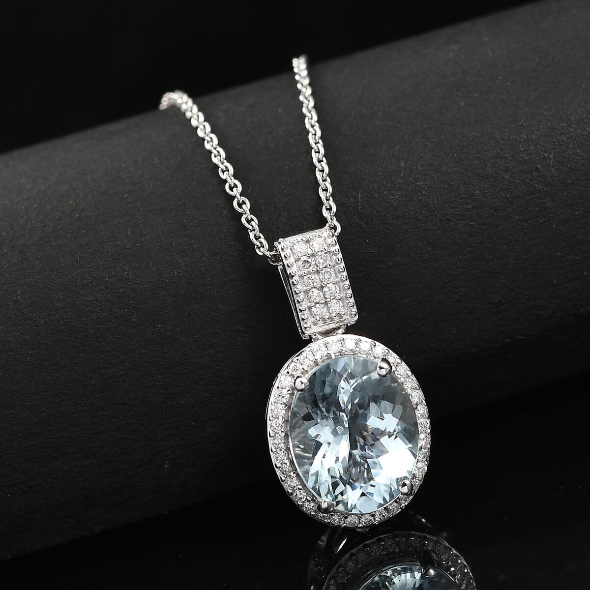 Luxoro Premium Mangoro Aquamarine and Diamond I2 3.20 ctw Lotus Flower Pendant Necklace in 10K White Gold 20 Inches image number 1