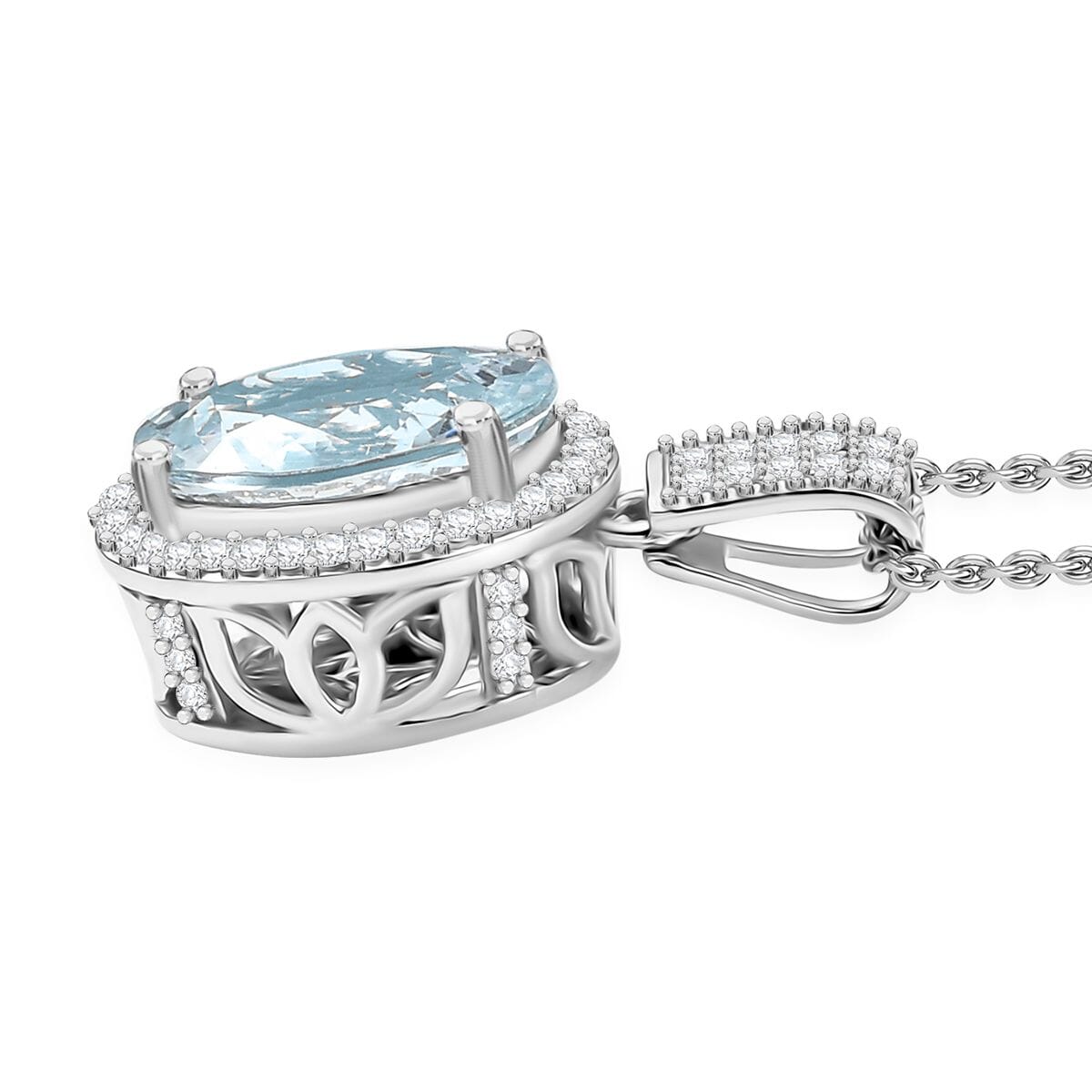 Luxoro Premium Mangoro Aquamarine and Diamond I2 3.20 ctw Lotus Flower Pendant Necklace in 10K White Gold 20 Inches image number 3