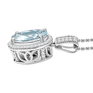 Luxoro Premium Mangoro Aquamarine and Diamond I2 3.20 ctw Lotus Flower Pendant Necklace in 10K White Gold 20 Inches