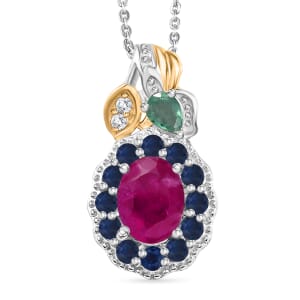 Premium Royal Ruby and Multi Gemstone 2.70 ctw Floral Pendant Necklace 20 Inches in 18K Vermeil YG and Rhodium Over Sterling Silver