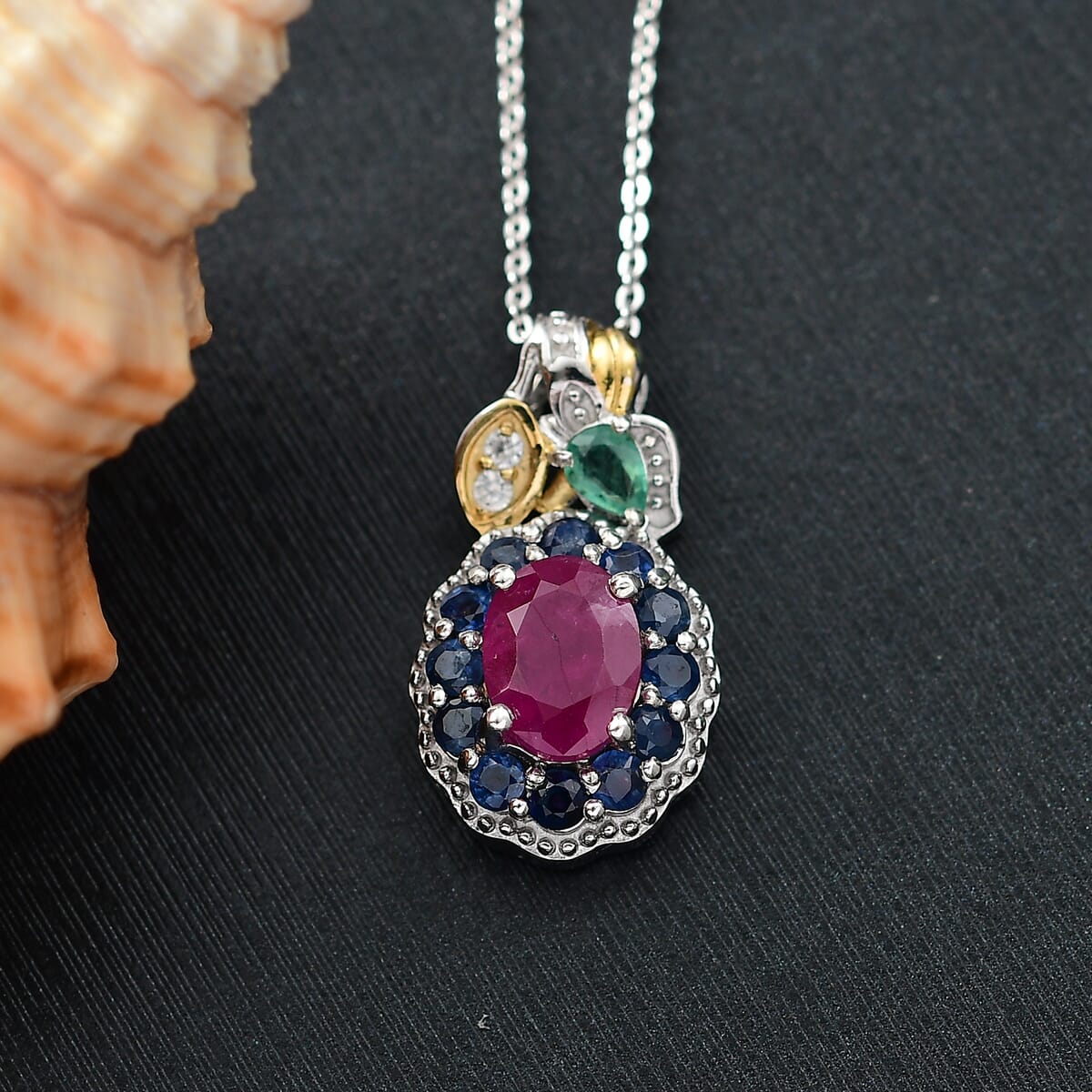 Premium Royal Ruby and Multi Gemstone 2.70 ctw Floral Pendant Necklace 20 Inches in 18K Vermeil YG and Rhodium Over Sterling Silver image number 1