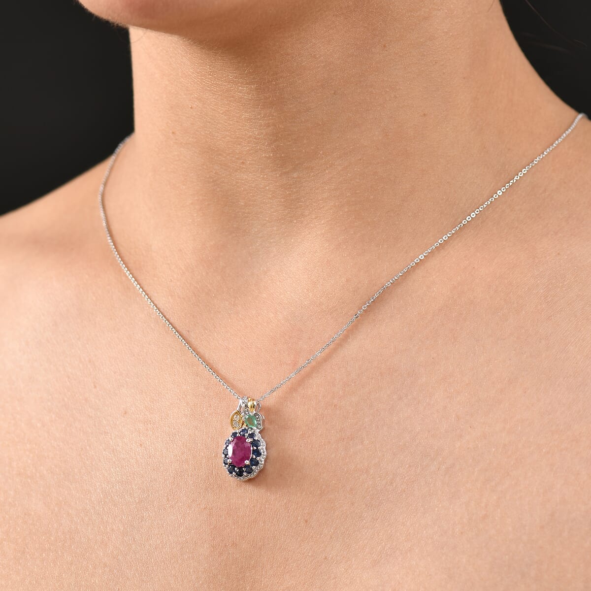 Premium Royal Ruby and Multi Gemstone 2.70 ctw Floral Pendant Necklace 20 Inches in 18K Vermeil YG and Rhodium Over Sterling Silver image number 2