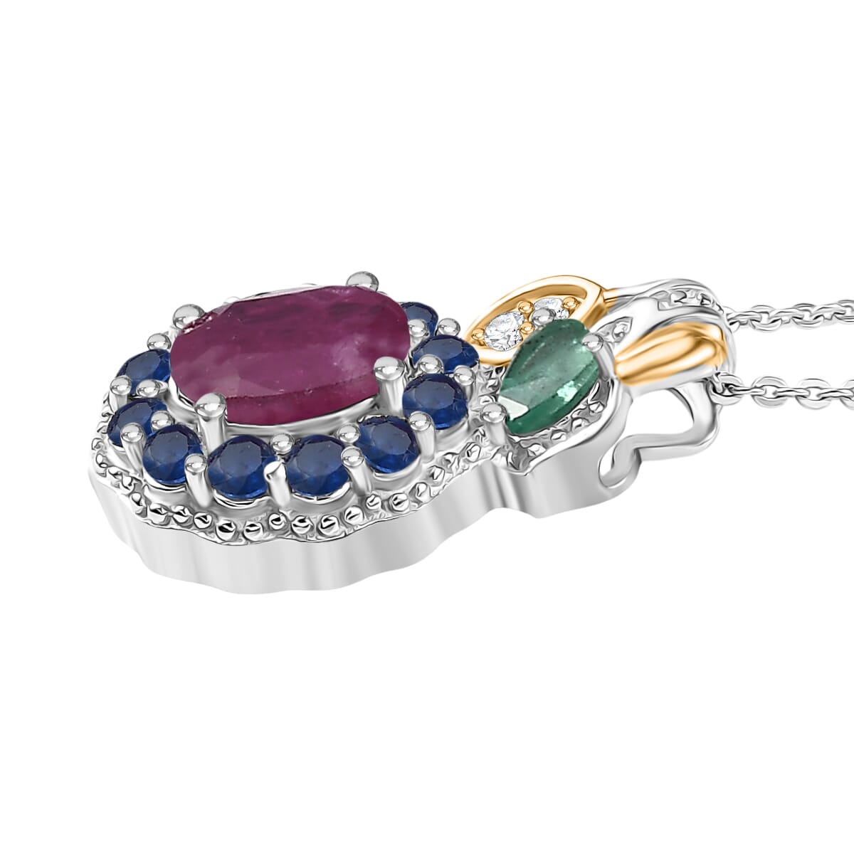 Premium Royal Ruby and Multi Gemstone 2.70 ctw Floral Pendant Necklace 20 Inches in 18K Vermeil YG and Rhodium Over Sterling Silver image number 3
