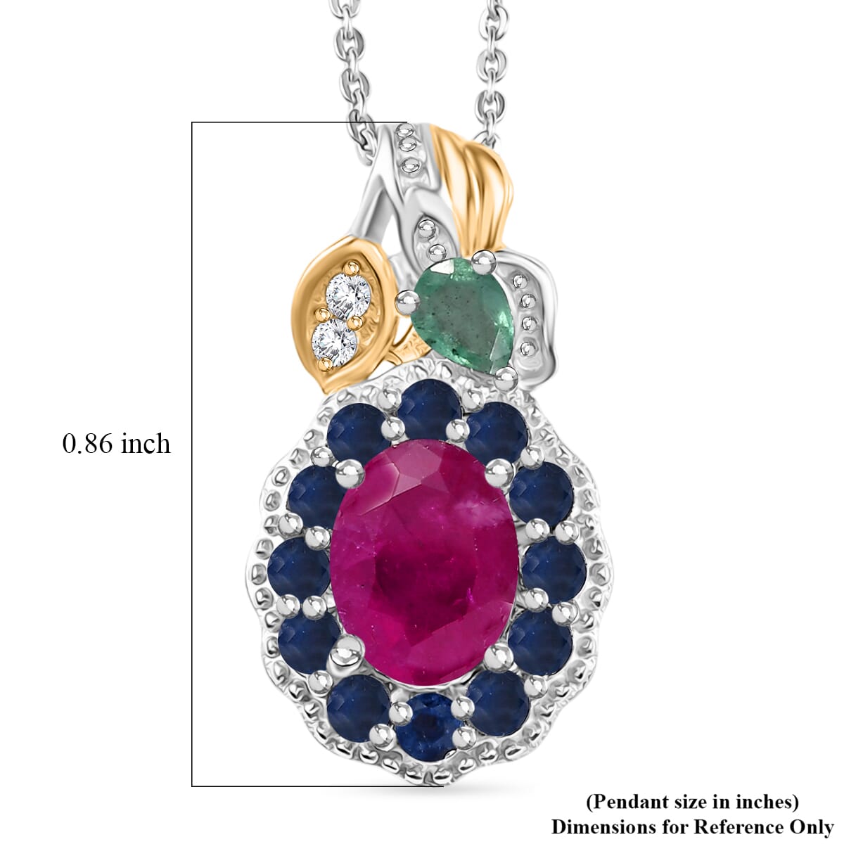 Premium Royal Ruby and Multi Gemstone 2.70 ctw Floral Pendant Necklace 20 Inches in 18K Vermeil YG and Rhodium Over Sterling Silver image number 5