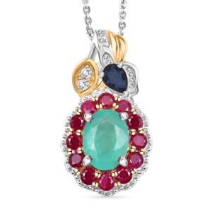 D'Joy Premium Kagem Zambian Emerald and Multi Gemstone 2.20 ctw Floral Pendant Necklace 20 Inches in 18K Vermeil YG and Rhodium Over Sterling Silver