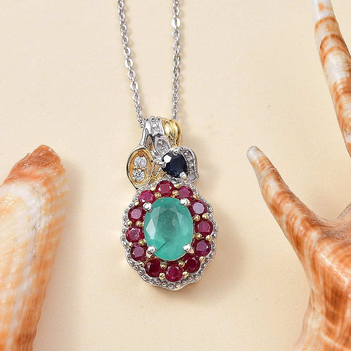 D'Joy Premium Kagem Zambian Emerald and Multi Gemstone 2.20 ctw Floral Pendant Necklace 20 Inches in 18K Vermeil YG and Rhodium Over Sterling Silver image number 1