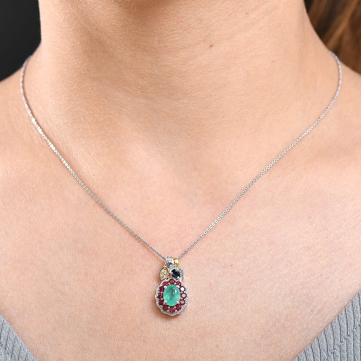 D'Joy Premium Kagem Zambian Emerald and Multi Gemstone 2.20 ctw Floral Pendant Necklace 20 Inches in 18K Vermeil YG and Rhodium Over Sterling Silver image number 2