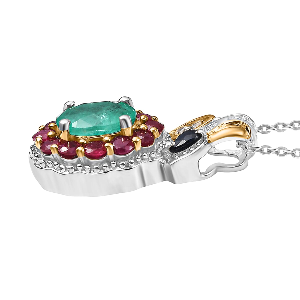D'Joy Premium Kagem Zambian Emerald and Multi Gemstone 2.20 ctw Floral Pendant Necklace 20 Inches in 18K Vermeil YG and Rhodium Over Sterling Silver image number 3