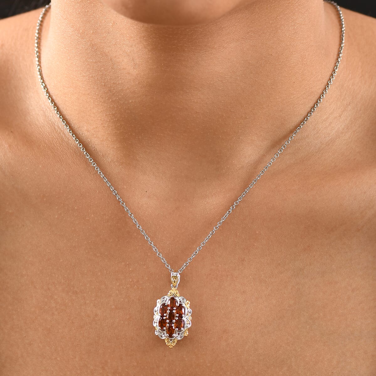 Brazilian Cherry Citrine 1.50 ctw Blooming Pendant Necklace in 18K Vermeil YG and Rhodium Over Sterling Silver 20 Inches image number 2