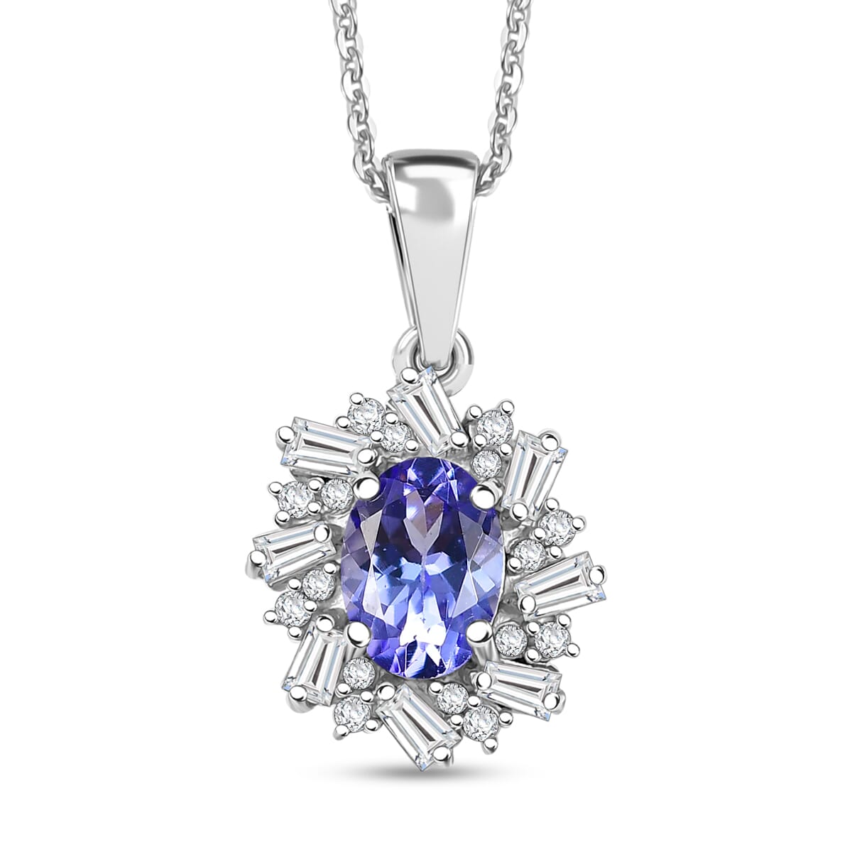 Tanzanite and White Zircon 1.40 ctw Starburst Pendant Necklace in Rhodium Over Sterling Silver 20 Inches image number 0