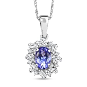 Tanzanite and White Zircon 1.40 ctw Starburst Pendant Necklace in Rhodium Over Sterling Silver 20 Inches