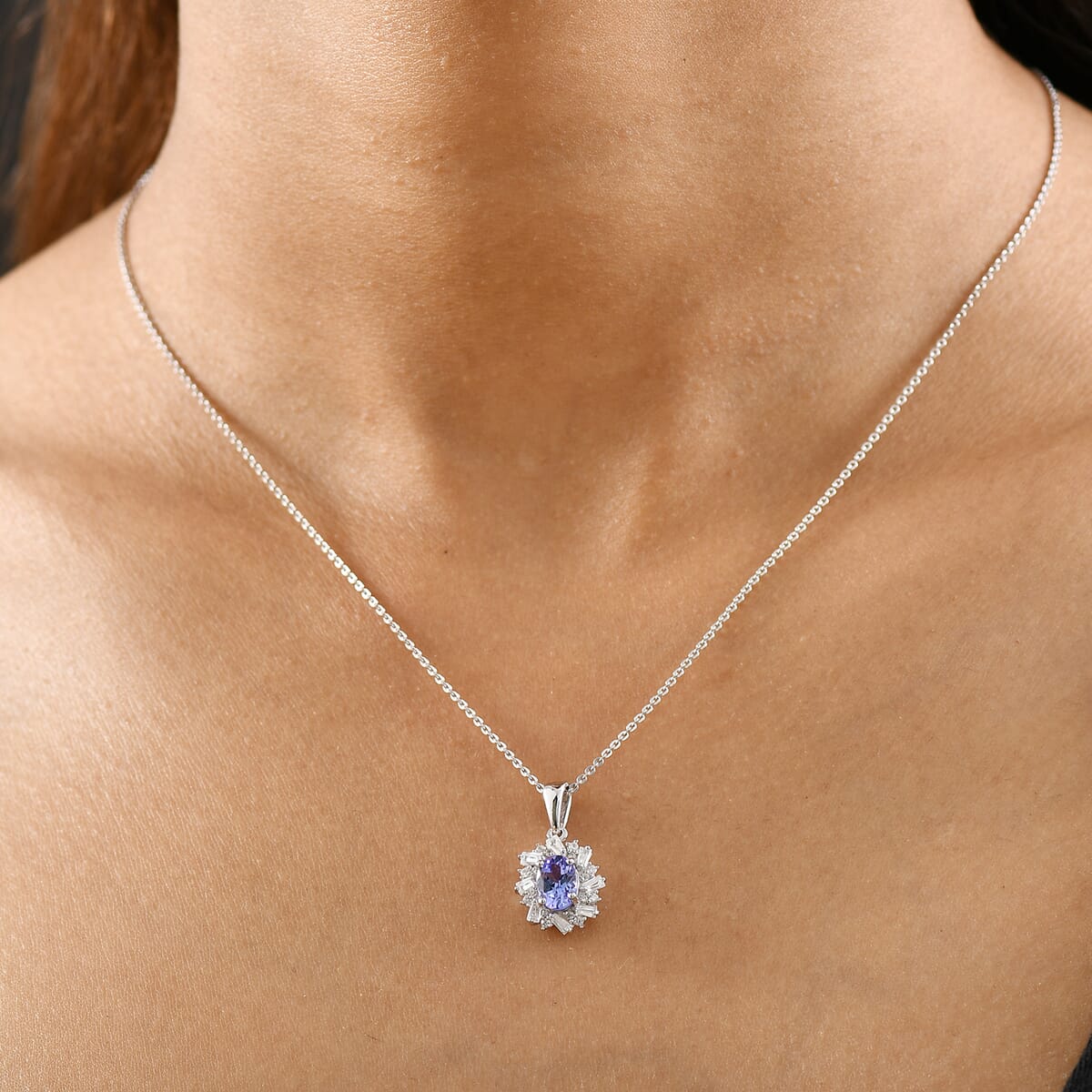 Tanzanite and White Zircon 1.40 ctw Starburst Pendant Necklace in Rhodium Over Sterling Silver 20 Inches image number 2