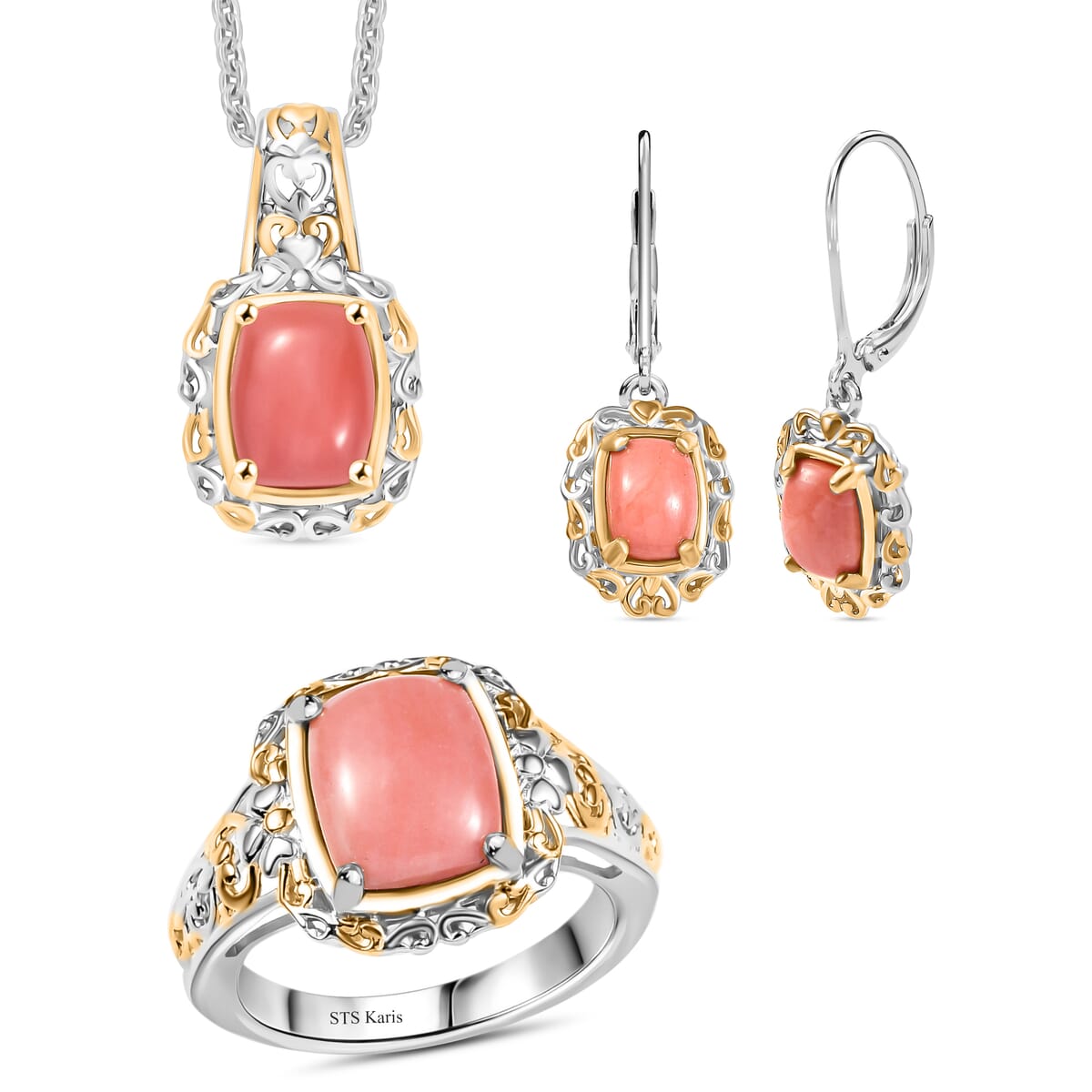 Karis Oregon Peach Opal 5.00 ctw Earrings, Ring (Size 6.00), Pendant in 18K YG Plated and Platinum Bond with Stainless Steel Necklace 20 Inches image number 0