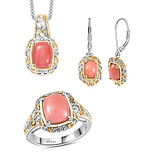 Karis Oregon Peach Opal 5.00 ctw Earrings, Ring (Size 9.00), Pendant in 18K YG Plated and Platinum Bond with Stainless Steel Necklace 20 Inches