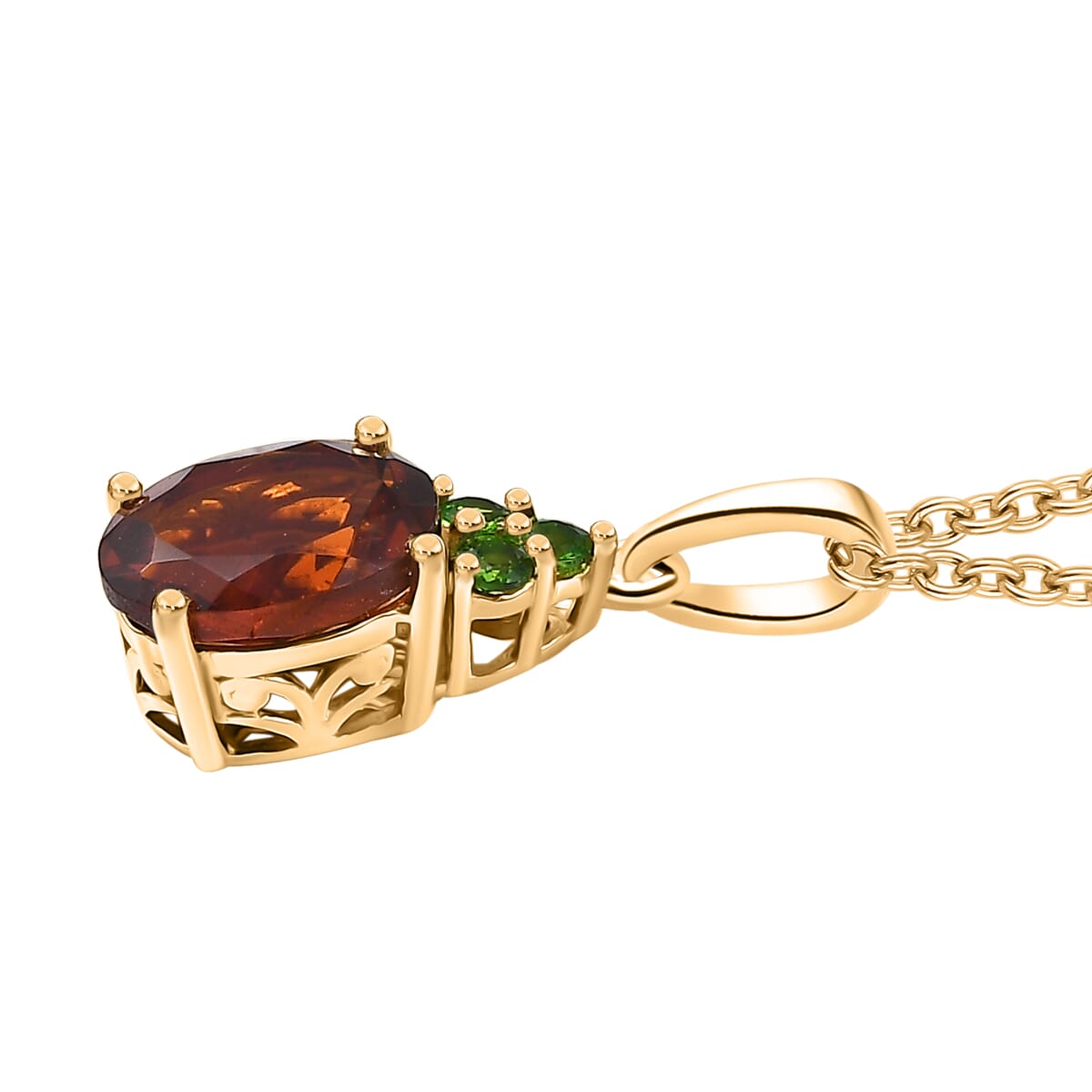 Premium Brazilian Cherry Citrine and Chrome Diopside 1.70 ctw Victorian-Era Cluster Pendant Necklace in 18K Vermeil Yelllow Gold Over Sterling Silver 20 Inches image number 3